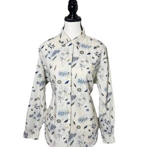 Cabin Creek Vintage Button Wrinkle Free Shirt Petite L Ivory Botanical Feather